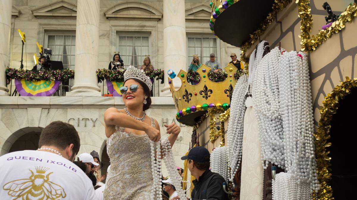 GCCA Queen Ixolib Abbie Elizabeth Brashier arrives at Biloxi City Hall on Mardi Gras, Tuesday, Feb. 25, 2020.