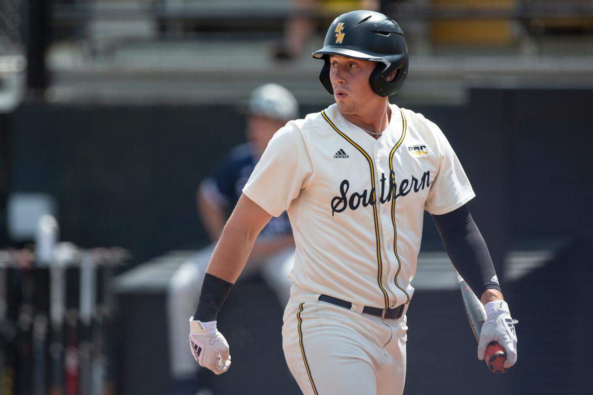Southern Miss’ Carson Paetow reacts after striking out during the first game of a double header against Georgia Southern at Pete Taylor Park on Saturday, March 25, 2023.