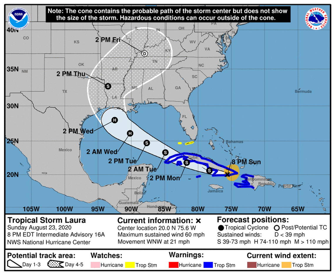 Track projection for Tropical Storm Laura at 7 p.m. CST on Sunday, August 23, 2020