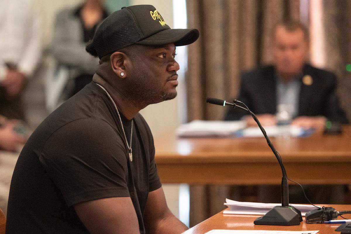 Event promoter Maurice Bryant speaks during a public comment segment of a Biloxi City Council meeting at Biloxi City Hall on Tuesday, April 18, 2023 over the incidents of Black Spring Break.