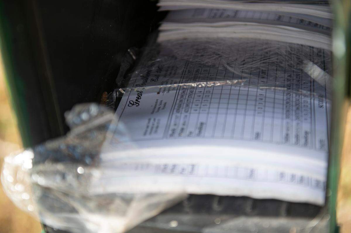 A box of scorecards is one of the few remaining indicators of what used to be Great Southern Golf Club on Wednesday, Nov. 9, 2022. The club, which closed in May, is supposed to be developed into housing developments but neighbors are concerned about the environmental impact.