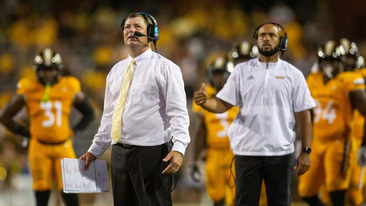 Southern Mississippi Head Coach Will Hall looks up at the scoreboard for a replay during the second half of an NCAA college football game in Hattiesburg, Miss., Saturday, Sept. 3, 2022. Southern Mississippi lost to Liberty 29-27. (Hannah Ruhoff/The Sun Herald via AP)