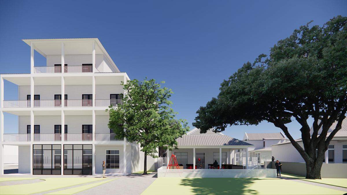 Hotel Pass Christian to the west and the shops and restaurants of Pass Bungalows to the east frame the new 9 Toes Brewing Company coming to the Pass this spring 2026.