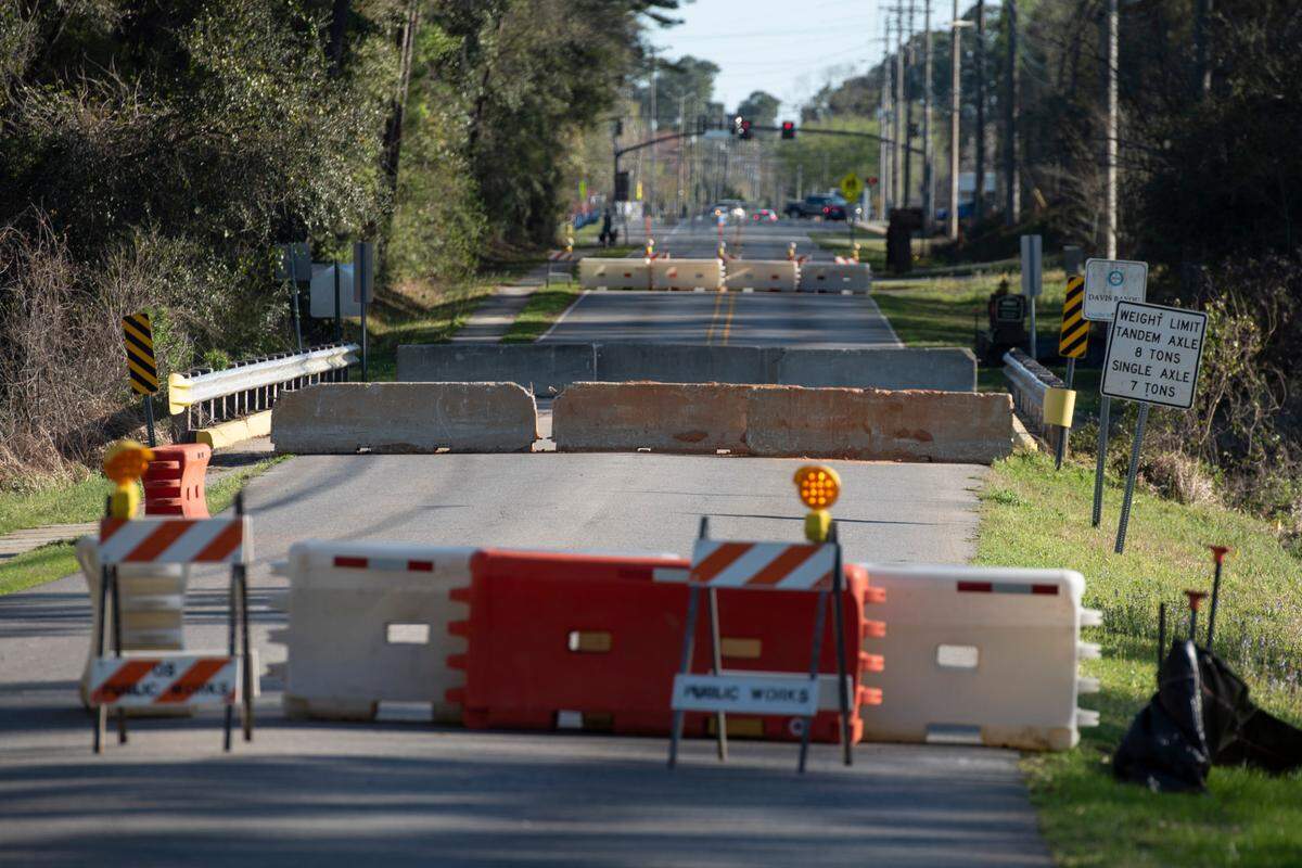 Barricades block off a bridge on Hanshaw Road in Ocean Springs on Monday, March 17, 2025, as the bridge is closed for safety reasons.