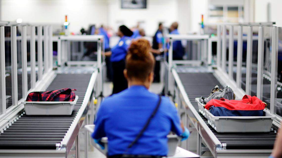 FILE - In this May 25, 2016, file photo, bins containing bags needing additional screening are automatically separated on a conveyer belt at a newly designed passenger screening lane unveiled at Hartsfield-Jackson Atlanta International Airport in Atlanta. Unruly airline passengers who have been fined by the FAA risk losing TSA PreCheck screening eligibility, the agencies announced Dec. 21. (AP Photo/David Goldman, File)