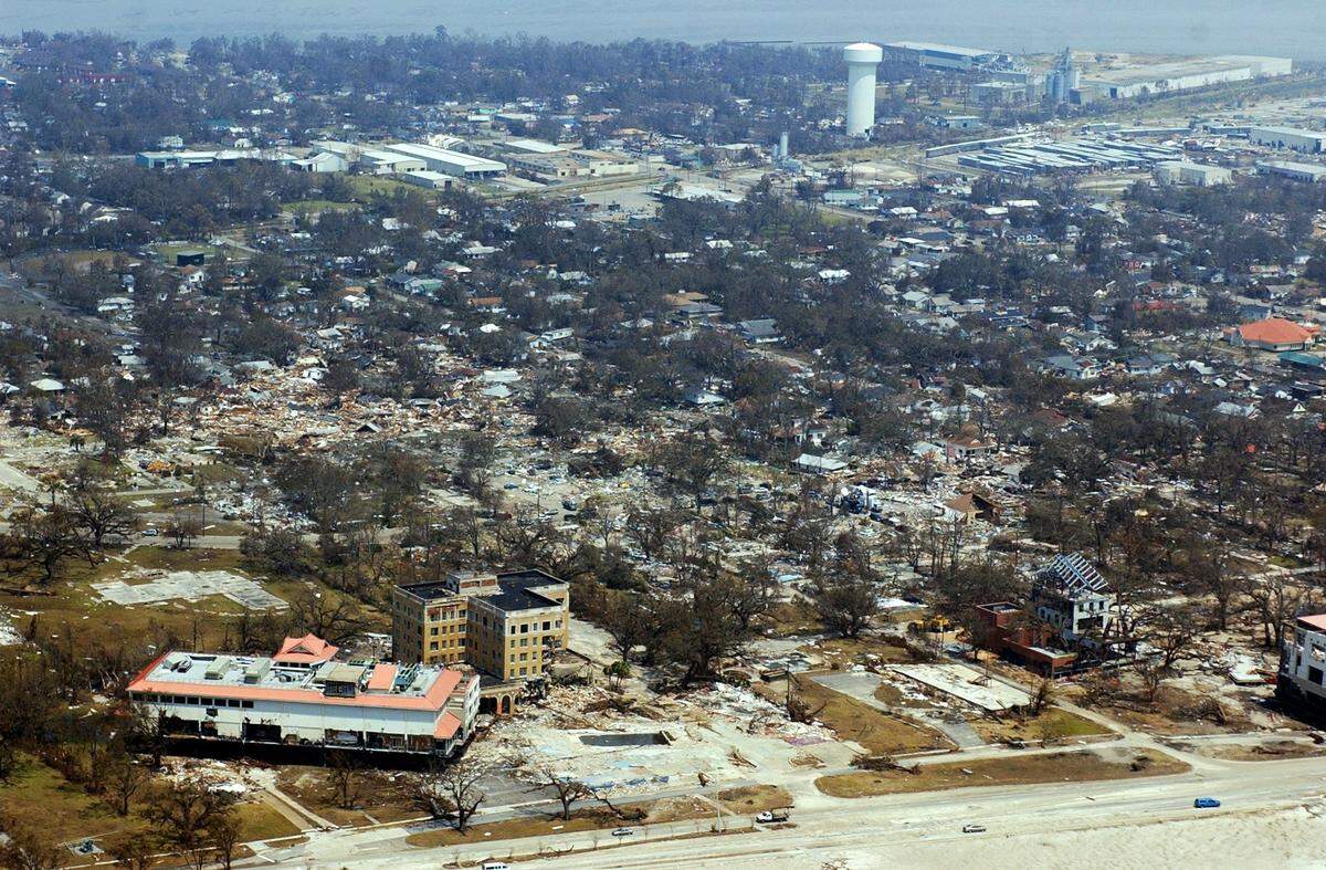 In this Sun Herald photo from September 1, 2005, a casino barge sits next to the old Tivoli Hotel, left, and what is left of the Ohr-O’Keefe Museum of Art, right, near U.S. 90 in Biloxi. Hurricane Katrina made landfall on the Mississippi Coast on August 29, 2005.