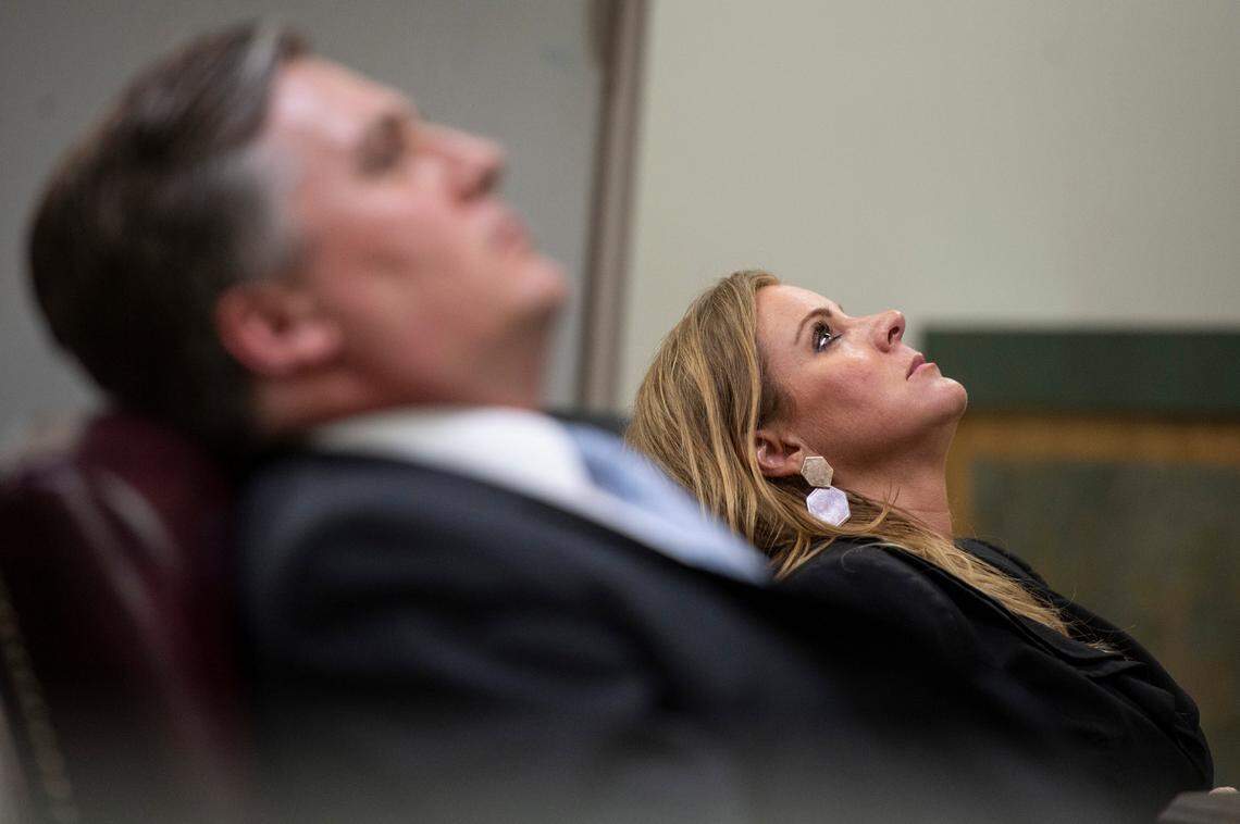Prosecuting attorneys District Attorney Angel Myers McIlrath, right, and Assistant District Attorney Justin Lovorn lean back in their chairs as Jacob Blair Scott rambles while answering a question as he testifies during his trial for sexual abuse on Wednesday, June 1, 2022.