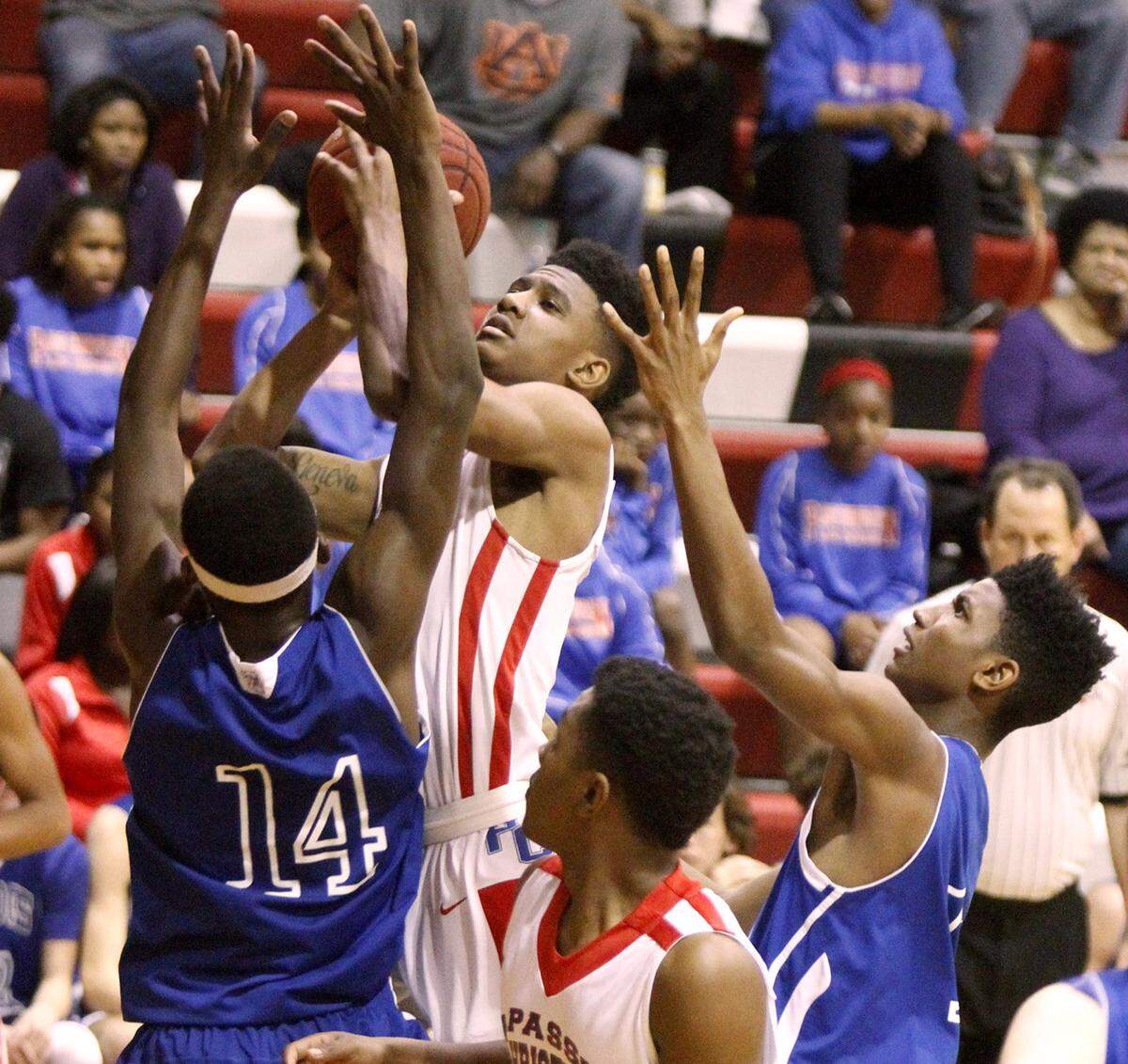 TIM ISBELL/SUN HERALDPass Christian's DeMarcus Boyd drives the lane to take a shot against Vancleave, Thursday, Feb. 18, 2016. 
