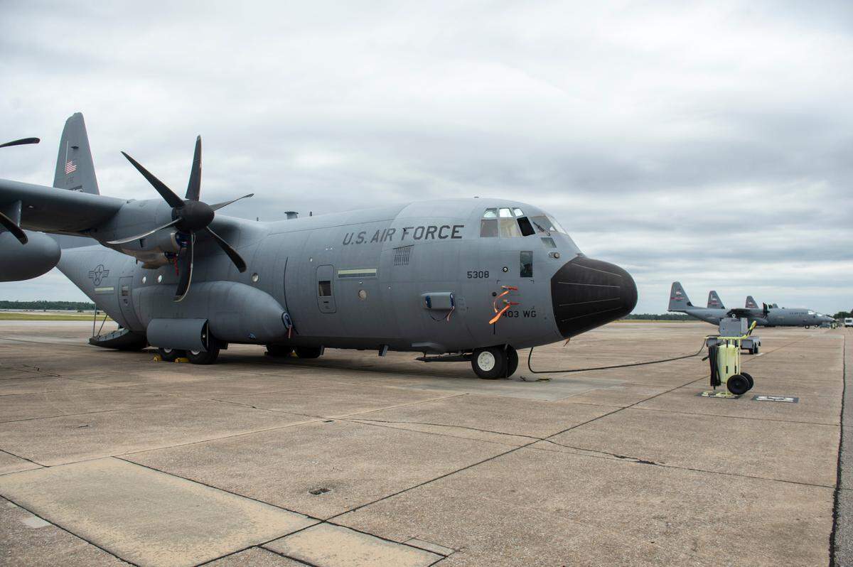 A C-130 used by the Hurricane Hunters to fly into hurricanes parked at Keesler Air Force Base on Tuesday, May 6, 2025.
