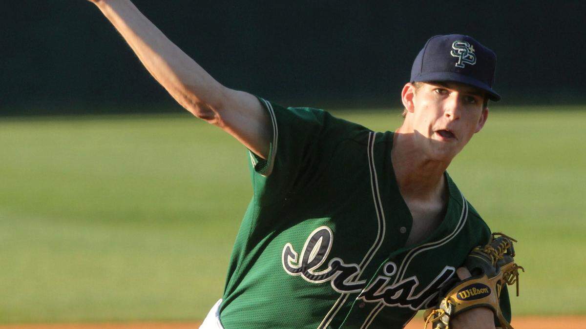 JOHN FITZHUGH/SUN HERALD 
 St. Patrick pitcher Blaise Butyric throws during the first inning of their 3A baseball playoff game against St Andrew's at St. Patrick on Friday May 6, 2016.