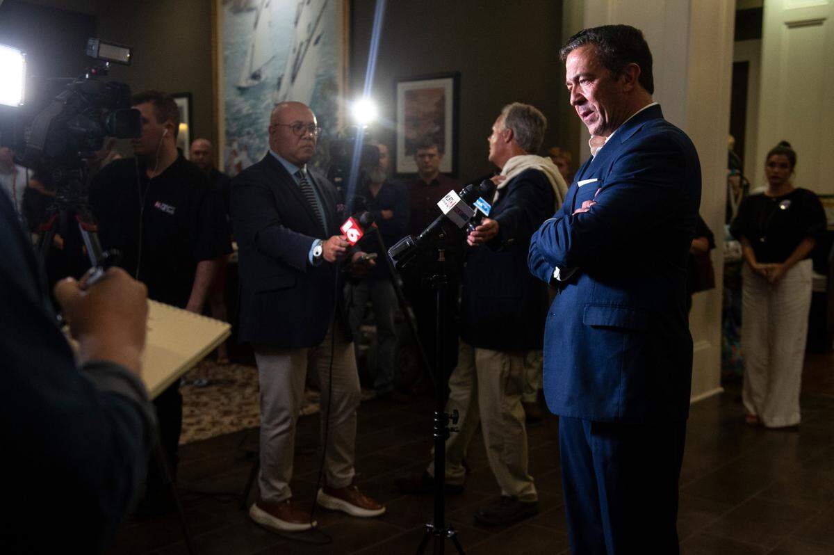 Chris McDaniel speaks to the media and his supporters as his race for Lieutenant Governor looks uncertain at Biloxi Visitors Center in Biloxi on Tuesday, Aug. 8, 2023.