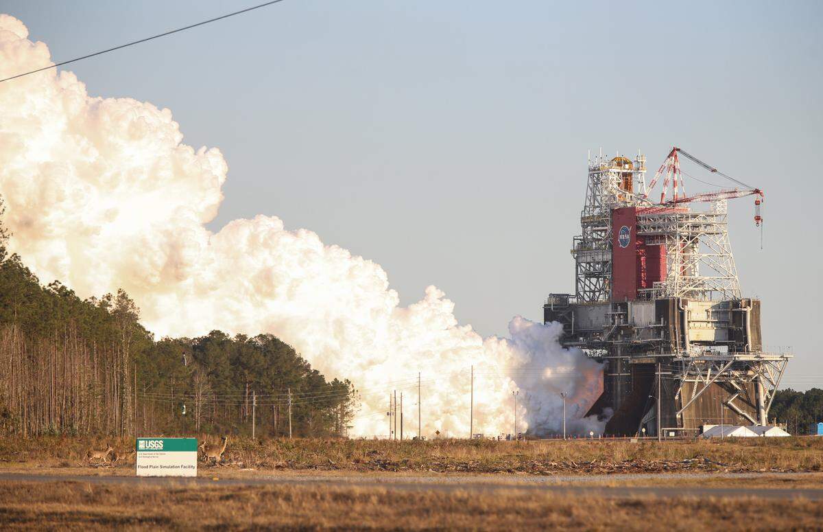 The green test firing of four RS-25 rocket engines Saturday lasted less than two minutes at the NASA Stennis Space Center Saturday, Jan. 15, 2021 in Hancock County, Mississippi. The test is part of the new Artemis Program aims to send astronauts back to the moon by 2024. ​