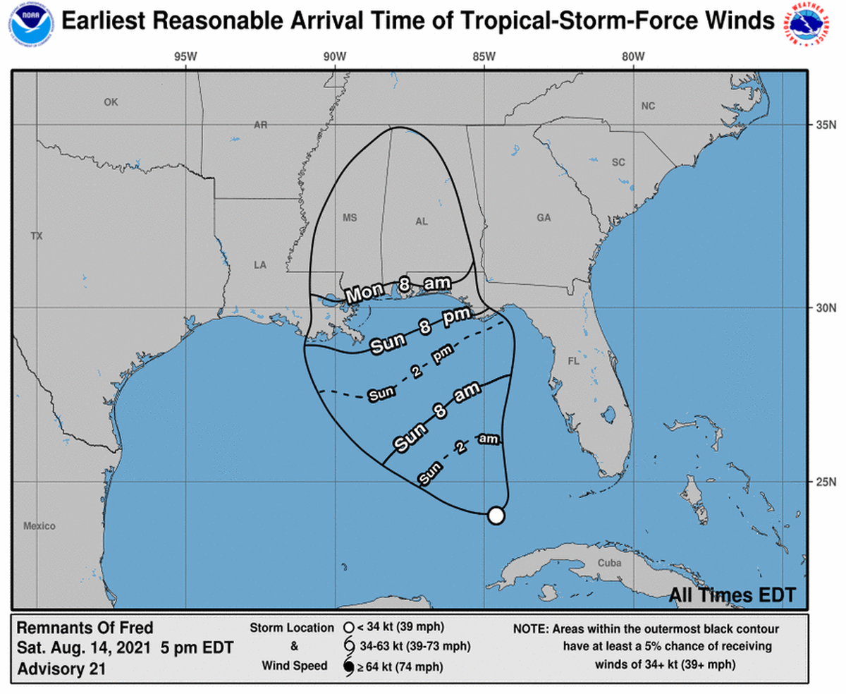 Expected timing of wind speeds for tropical storm Fred as of Saturday evening, Aug. 14, 2021.