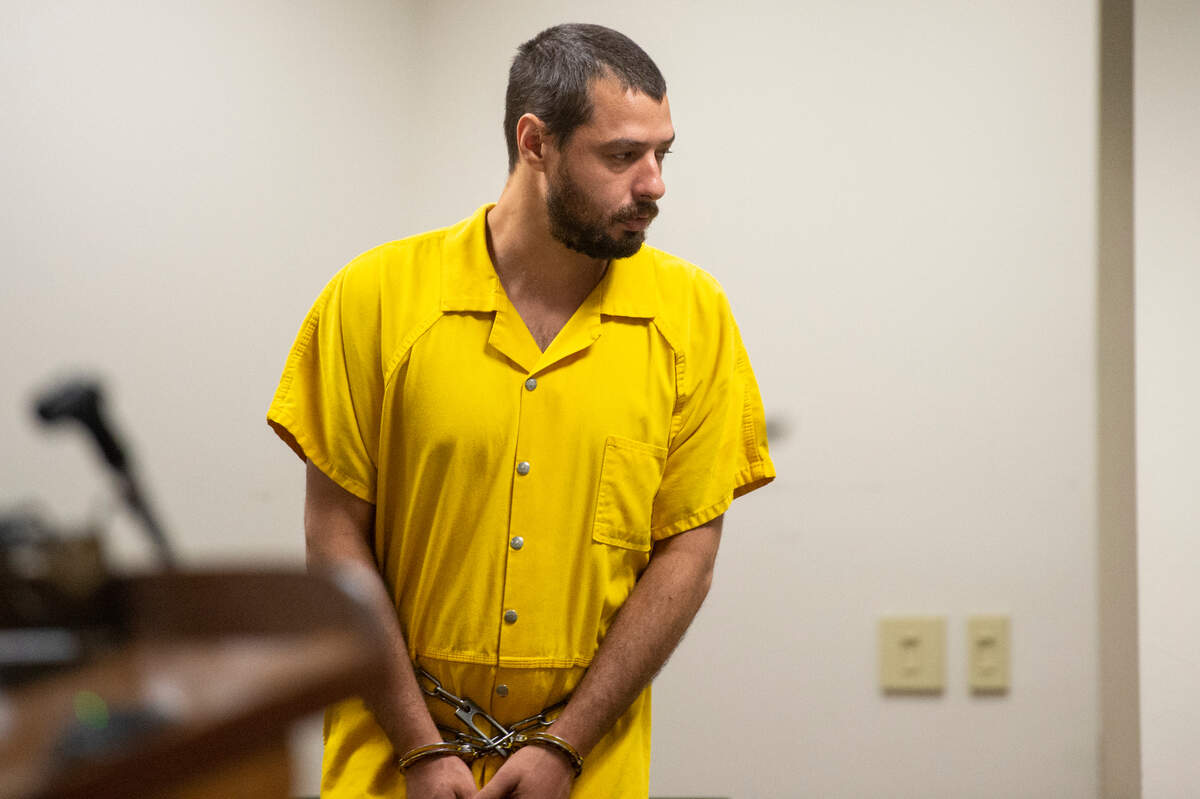 Aaron Blake Haylock, accused of capital murder in the death of his stepfather, Douglas Arguelles, 60, appears for an initial appearance before Judge Mark Watts in Jackson County Court in Pascagoula on Tuesday, Sept. 5, 2023.