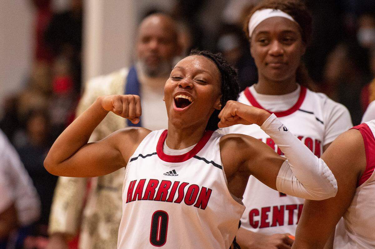 Harrison Central’s Hayleigh Breland celebrates after a win over Gulfport at Harrison Central High School in Gulfport on Friday, Feb. 4, 2022.