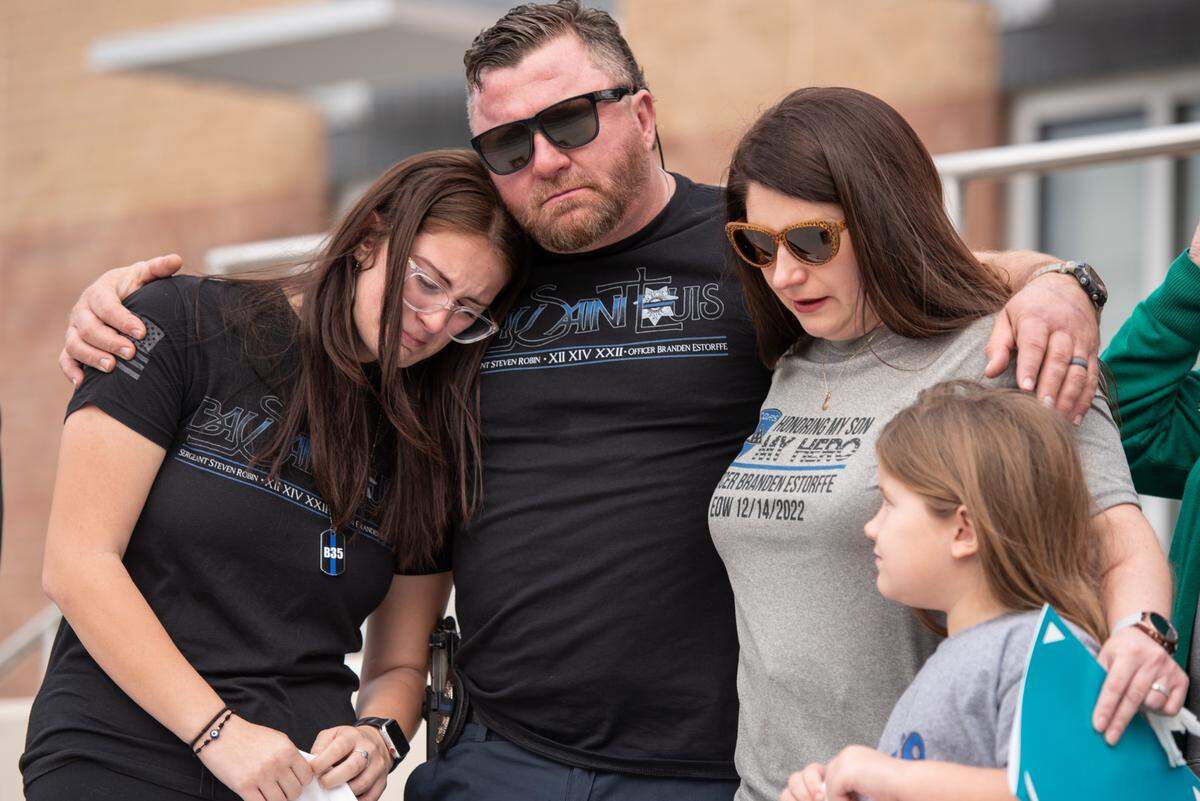 Members of Branden Estorffe’s family after unveiling commemorative stars in honor of Sergeant Steven Robin and Officer Branden Estorffe outside the new Bay St. Louis Police Department in Bay St. Louis on Thursday, Dec. 14, 2023.