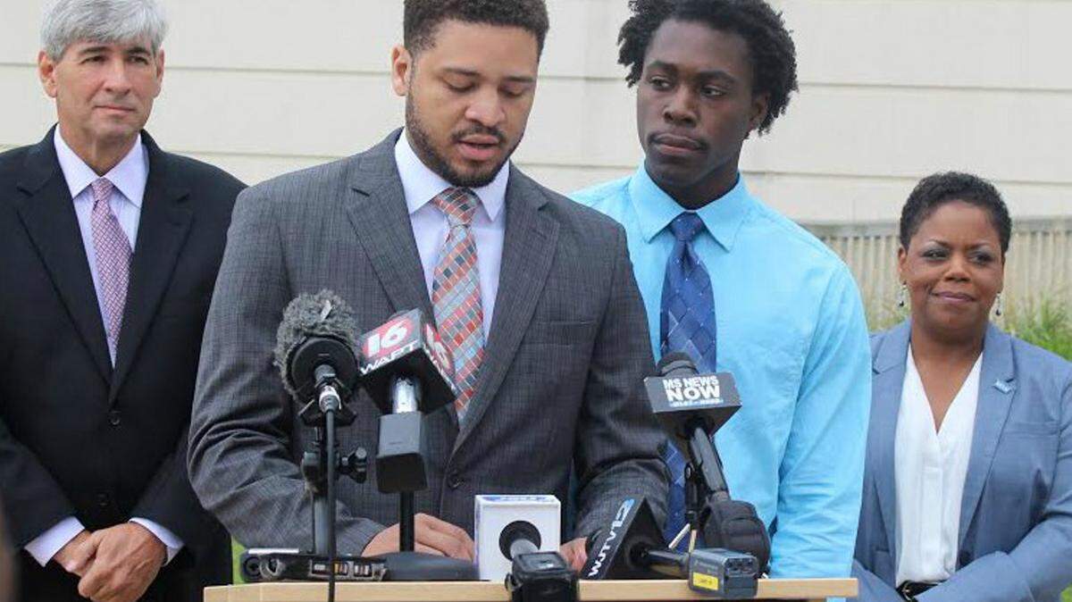 MISS. ACLU 
 The American Civil Liberties Union is challenging Misssisippi's 'religious freedom' bill in federal court. From left are attorney Oliver Diaz, plaintiffs Nicholas Alford and Stephen Thomas, and Jennifer Riley-Collins, executive director of the ACLU of Mississippi.