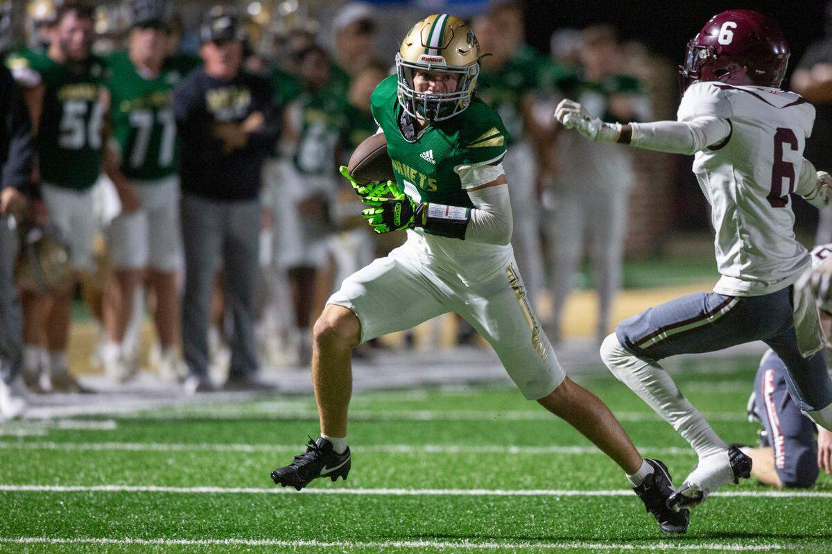 Poplarville’s Nick Miller runs the ball up the field during a playoff game against Forrest County Agricultural High School at Poplarville High School in Poplarville on Friday, Nov. 10, 2023.