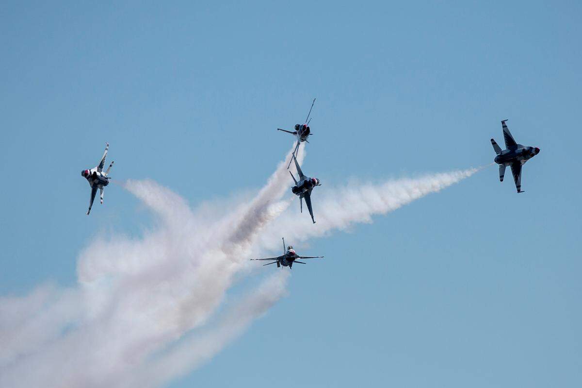 The U.S. Air Force Thunderbirds fly in a formation during a practice for the Thunder Over the Sound airshow on Friday, April 28, 2023.