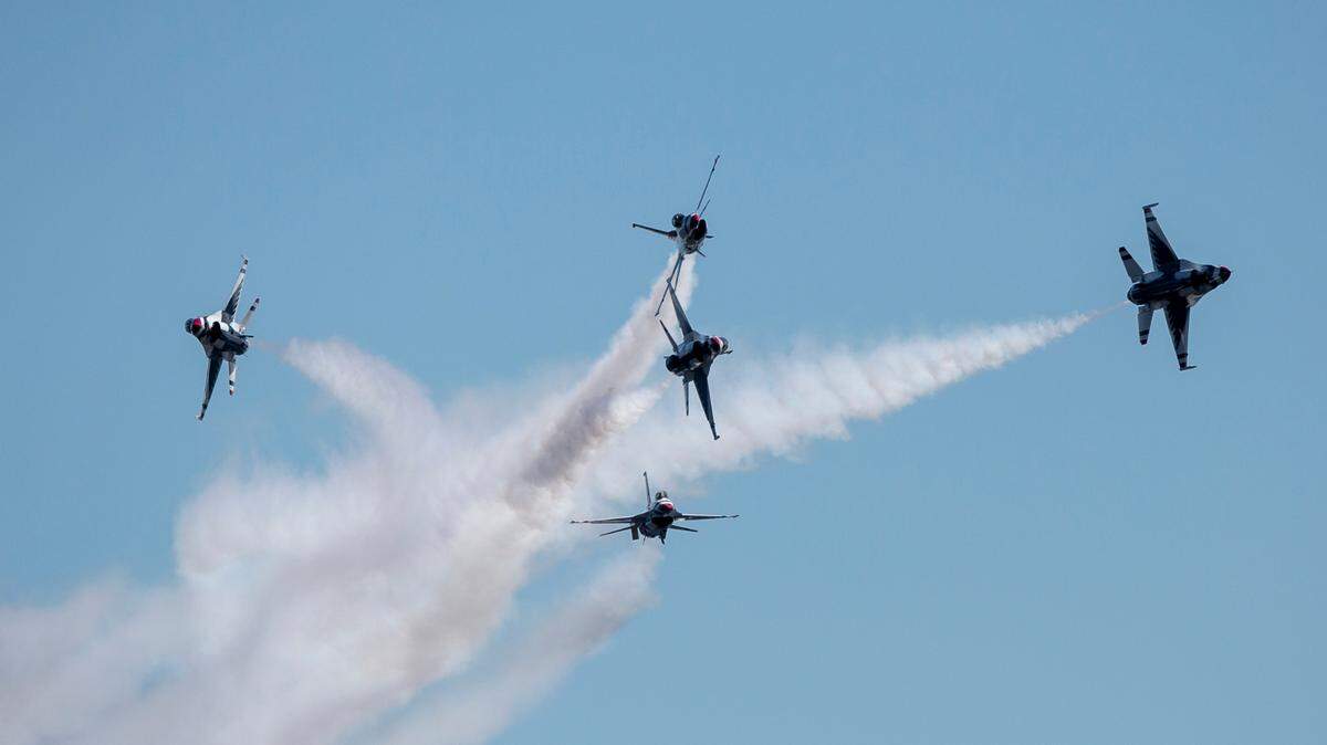 The U.S. Air Force Thunderbirds fly in a formation during a practice for the Thunder Over the Sound airshow on Friday, April 28, 2023.