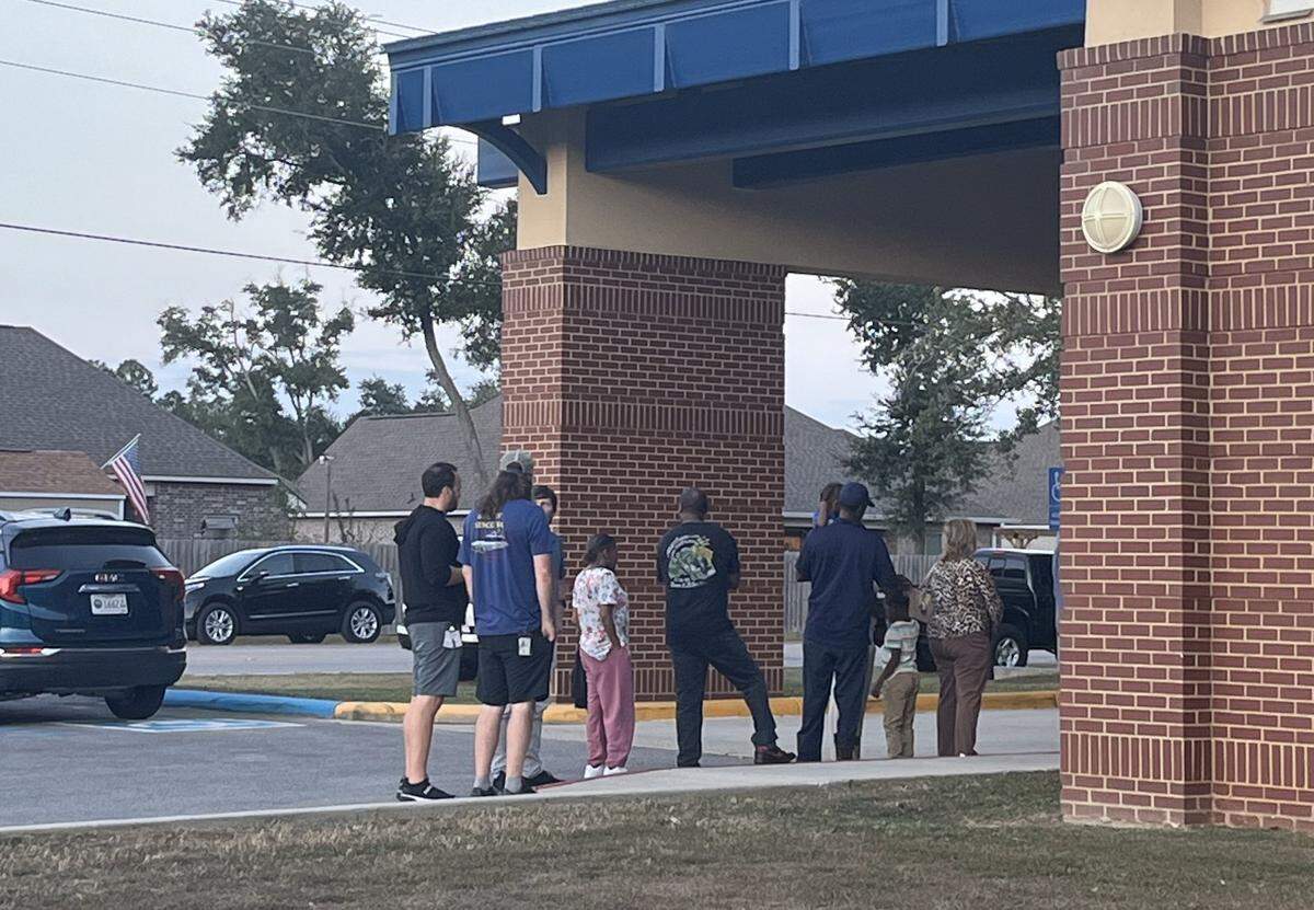 The line at the West Jackson County Safe Room was significantly shorter at 4:45 p.m. than it was at 7 a.m., when it wrapped nearly all the way around the building.
