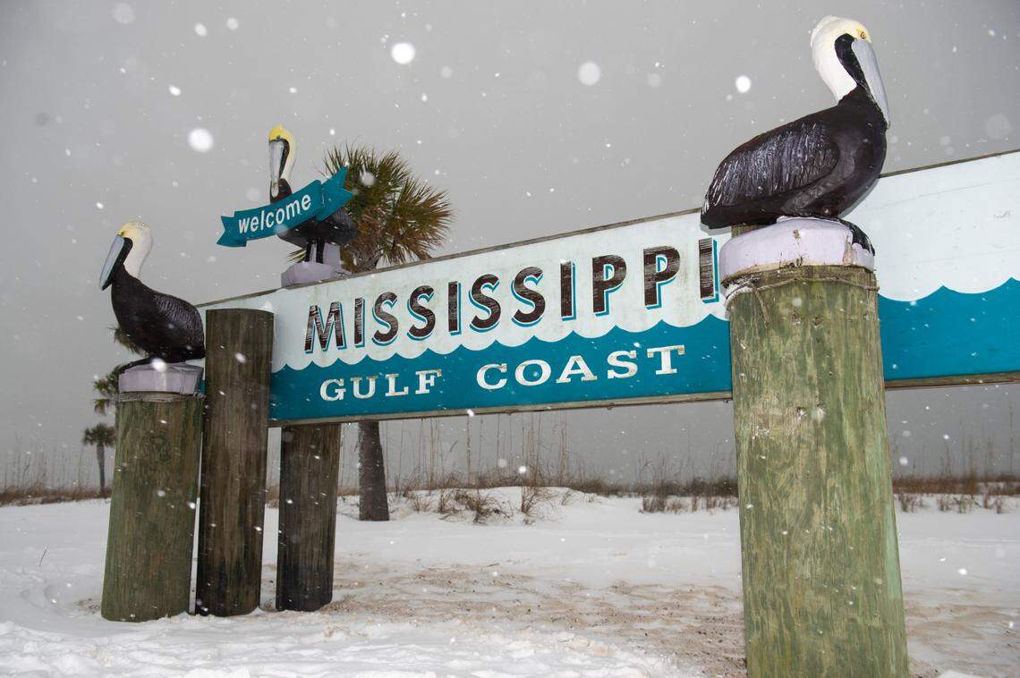 A most unusual sight: The Welcome to the Mississippi Gulf Coast surrounded by snow Tuesday, Jan. 21, 2025.