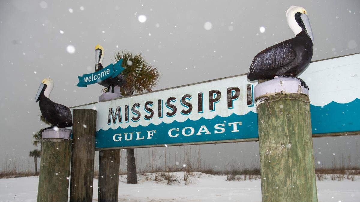 A most unusual sight: The Welcome to the Mississippi Gulf Coast surrounded by snow Tuesday, Jan. 21, 2025.