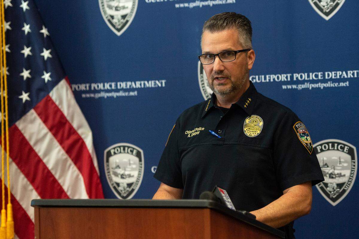 Gulfport Police Chief Adam Cooper speaks during a press conference at the Gulfport Police Station in Gulfport on Tuesday, Oct. 11, 2022, about the police shooting of Jaheim McMillan, a 15-year-old Gulfport High student.