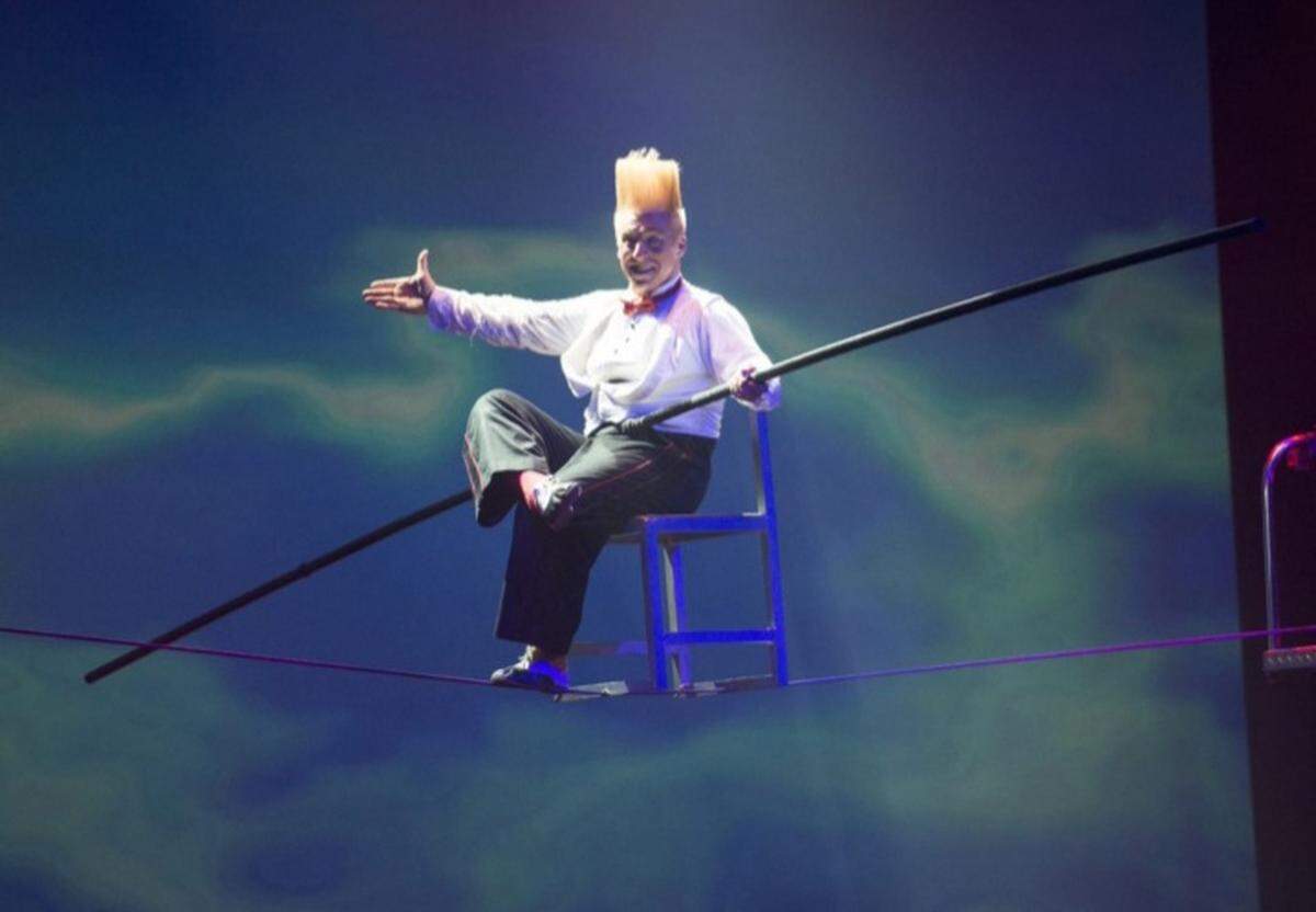 Bello Nock adds humor to the show as he perches on a chair atop the high wire. Tickets to Funambula at the Beau Rivage Resort & Casino in Biloxi make a great Father’s Day surprise for Dad.