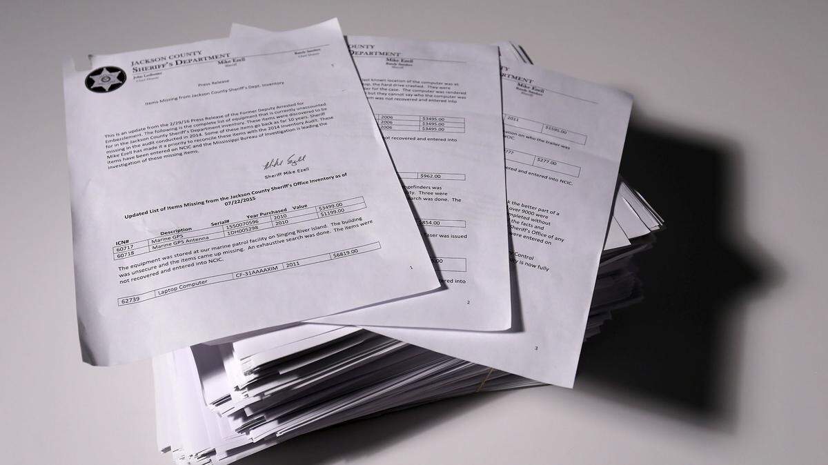 JOHN FITZHUGH/SUN HERALD 
 Jackson County Sheriff Mike Ezell has said that he only knows of eleven items that are missing from their inventory of over 9,000 items. He also said it is possible other items were purchased by the department and never put on the inventory.