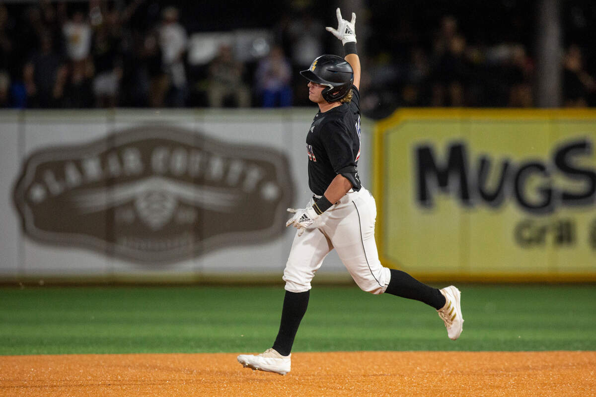 Christopher Sargent celebrates after scoring a home ruin during Game Four of NCAA Regionals against LSU at Pete Taylor Park in Hattiesburg on Saturday, June 4, 2022.