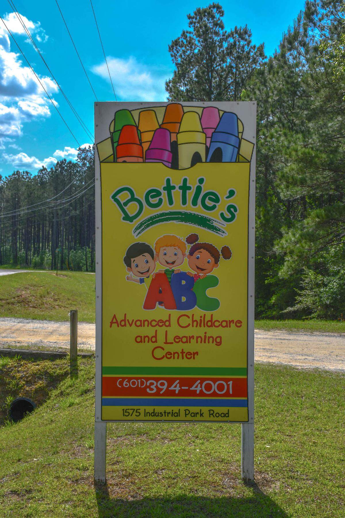 The sign for Bettie’s ABC Advanced Childcare and Learning Center stands along Industrial Park Road in Leakesville — marking the only licensed daycare facility in all of Greene County.
