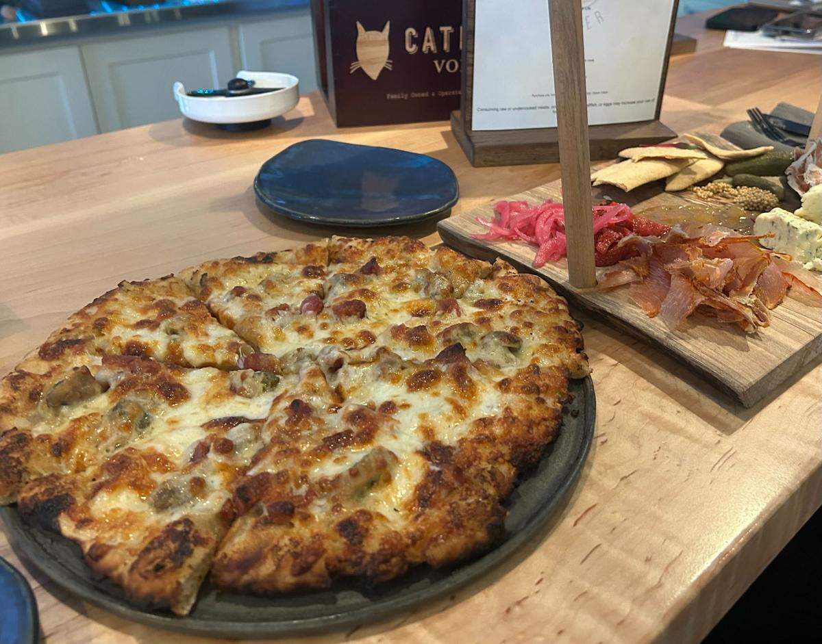 Gulf white pizza and charcuterie board from the Butcher Baker in Ocean Springs, Mississippi.