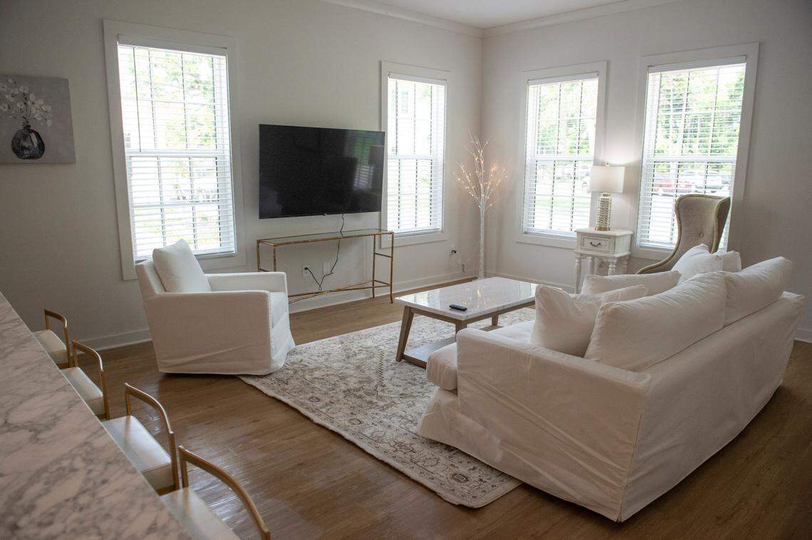 The living room of one of the short term rentals at Cottages by The Gulf, which opened in March, features six short term rental units as well as twelve units that are owned or leased long term.
