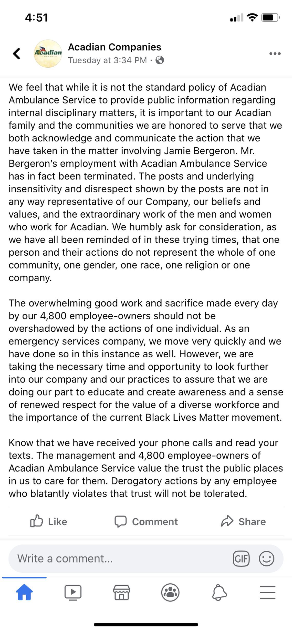 Acadian Ambulance Service fired paramedic Jamie Bergeron on Tuesday amid backlash over a series of offensive posts on Bergeron’s social media account.