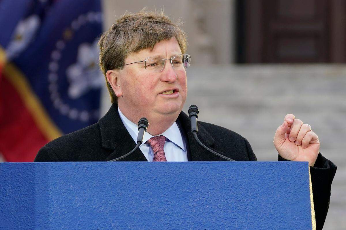 Mississippi Republican Gov. Tate Reeves delivers his address during his inauguration for a second term, at the Mississippi State Capitol in Jackson on Tuesday.