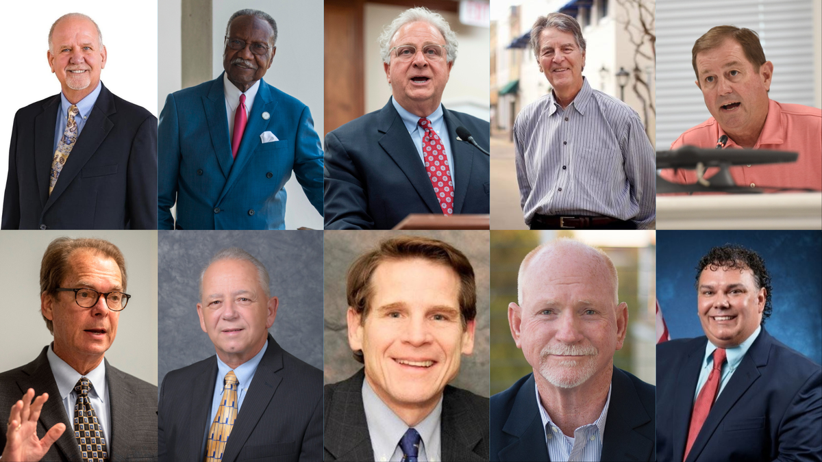 Mississippi Coast mayors top row, from left: George Bass of Long Beach, Billy Knight of Moss Point, Jay Willis of Pascagoula, Andrew “FoFo” Gilich of Biloxi and Kenny Holloway of Ocean Springs. Bottom row, from left: Billy Hewes of Gulfport, Rusty Quave of D’Iberville, Jimmy Rafferty of Pass Christian, Mike Favre of Bay St. Louis and Casey Vaughan of Gautier. Diamondhead mayor Nancy Depreo did not provide a photo.