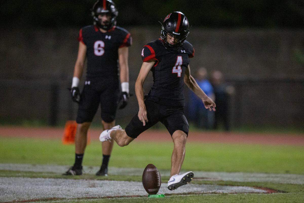 St. Stanislaus’ kicker Evan Noel attempts a field goal kick during a game against the Stone Tomcats at St. Stanislaus High School in Bay St. Louis on Friday, Sept. 29, 2023.