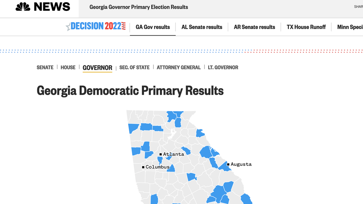 The city of Columbus, Georgia is mislabeled on NBC News’ election results map for the Georgia primary on May 24, 2022.