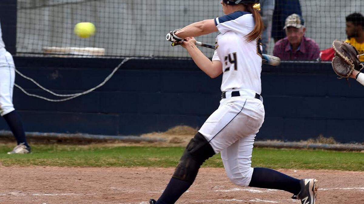 RICH KOPP/MGCCC 
 Mississippi Gulf Coastís Brittany Cooley hits a three-run home run in Game 1 against Pearl River on Tuesday in Perkinston.