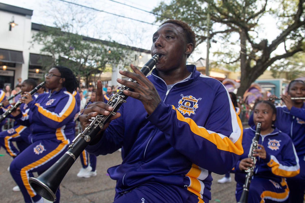 The Alcorn State University marching band, The Sounds of Dyn-O-Mite, play during the Ocean Springs Elks Club Mardi Gras Parade in Ocean Springs on Saturday, Feb. 15, 2025.