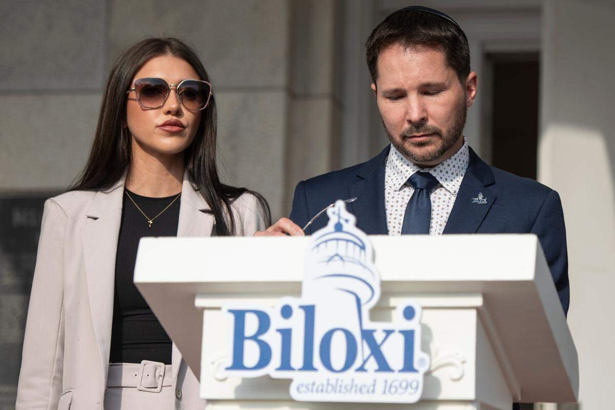 Robert Deming III reacts as he prepares to resign from his Biloxi City Council seat during a press conference in front of Biloxi City Hall in Biloxi on Tuesday, May 7, 2024. Deming pleaded guilty to a federal drug conspiracy charge on May 1.