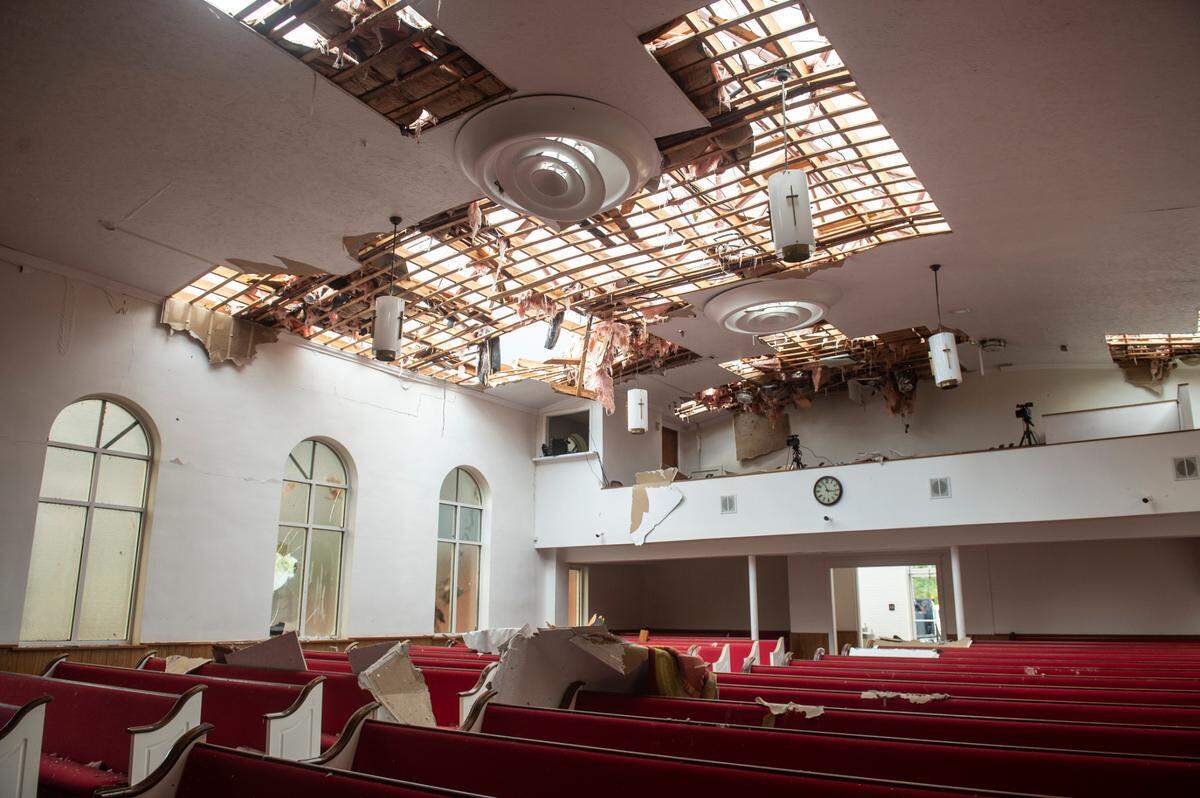 Destruction inside First Baptist Missionary Church in Moss Point on Tuesday, June 20, 2023, after a tornado tore the roof off the building on Monday.