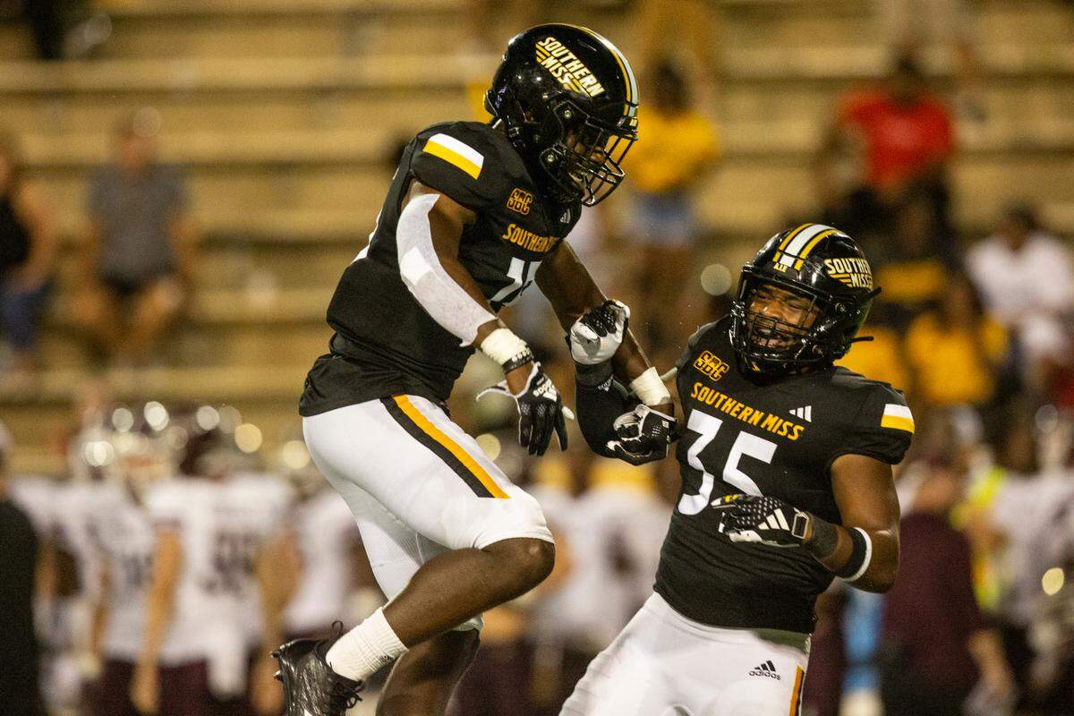 Southern Miss Golden Eagles linebacker TQ Newsome (35) celebrates during a game against Texas State at M.M. Roberts Stadium in Hattiesburg on Saturday, Sept. 30, 2023.