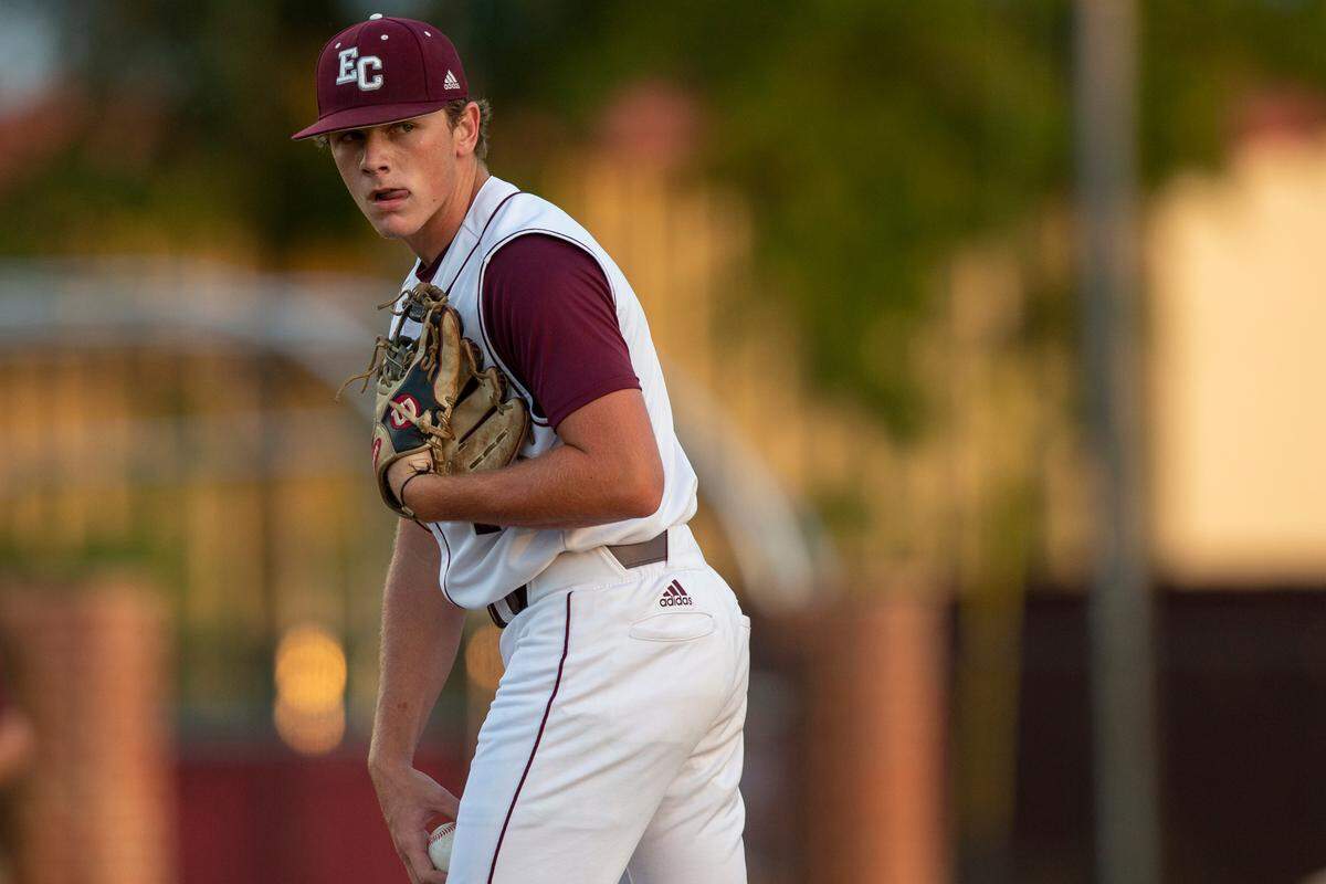 East Central’s Brayson Owensby prepares to pitch in the 5A South State championship game at East Central High School in Hurley on Tuesday, May 23, 2023.