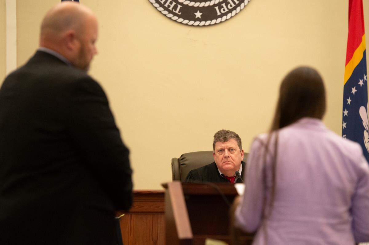 Judge Schmidt listens as the victim’s mother reads a statement during Alan Moran’s sentencing in county court in Bay St. Louis on Friday, Feb. 16, 2024.