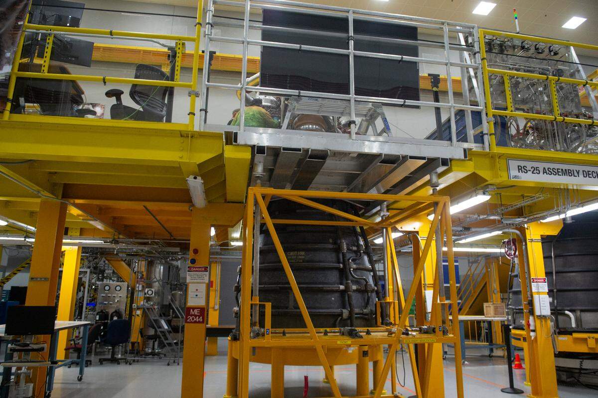 One of the RS-25 engines that will propel Artemis 4, engine 2044, being assembled at Aerojet Rocketdyne at Stennis Space Center in Bay St. Louis on Wednesday, April 3, 2024.