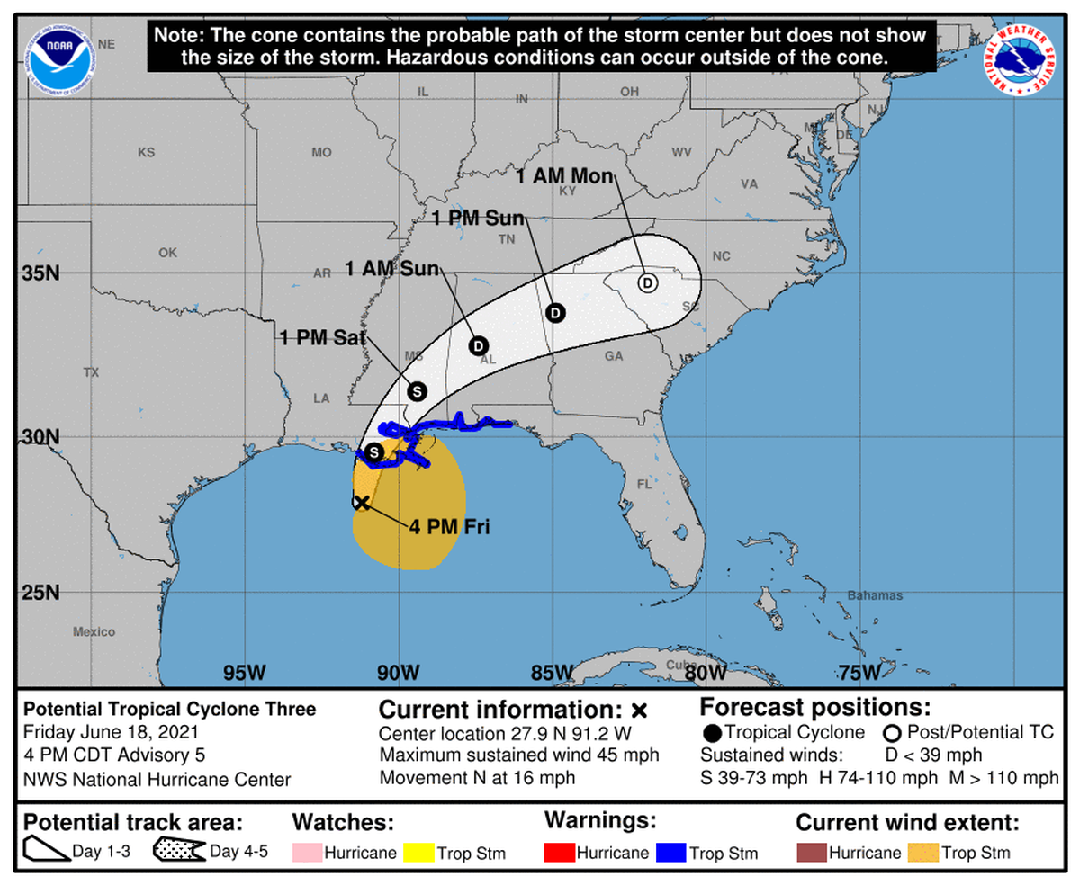 Potential Tropical Cyclone Three forecast as of 4 p.m. Friday, June 18, 2021.