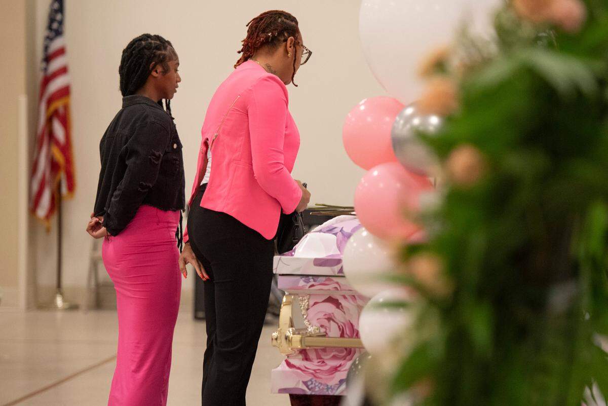Mourners say their goodbyes to Ni’Kyra Dedeaux during her funeral at Lyman Community Center in Gulfport on Friday, Jan. 10, 2025. Dedeaux was killed in an alleged terrorist attack on Bourbon Street in New Orleans on Jan. 1.