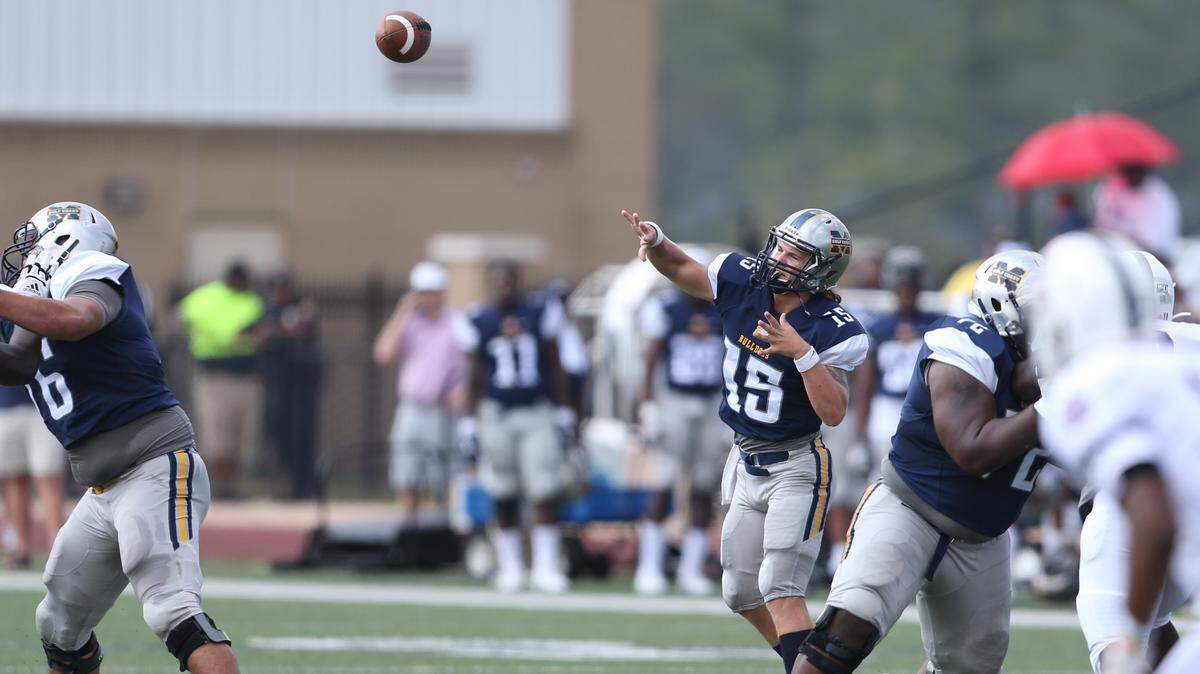 Gulf Coast quarterback Chance Lovertich throws deep against Southwest during Saturday’s game in Perkinston.